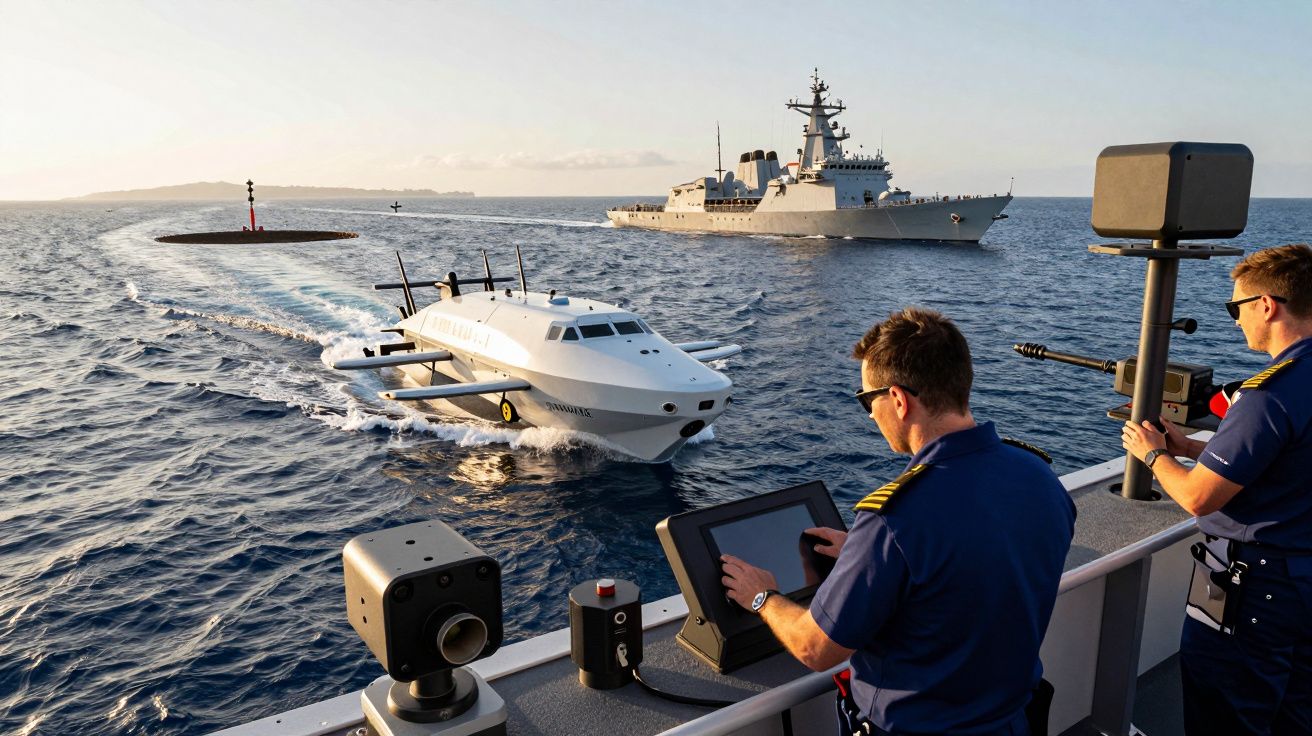 Dois militares operando controle remoto de um navio autônomo em mar aberto, com barco e submarino ao fundo.