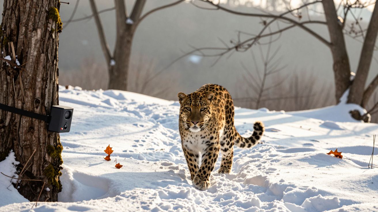 Leopardo caminhando na neve em floresta com árvores e câmera presa a um tronco.