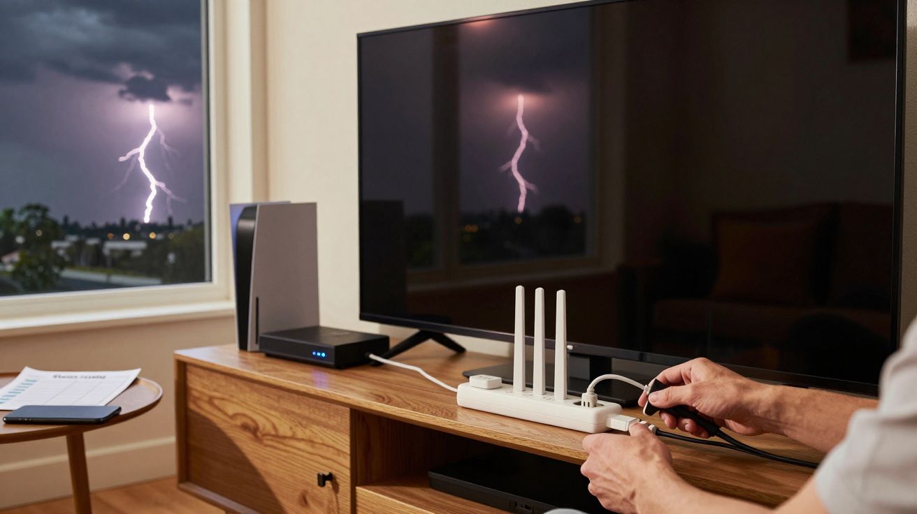 Pessoa desconectando fios de dispositivos eletrônicos durante tempestade com relâmpagos visíveis pela janela.