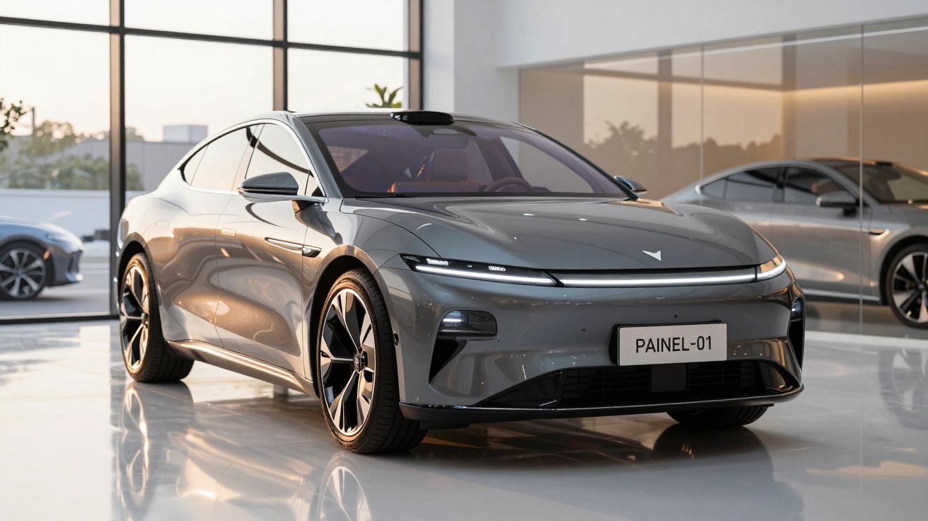 Carro elétrico cinza moderno em exposição dentro de showroom com grande janela e refletindo no chão brilhante.