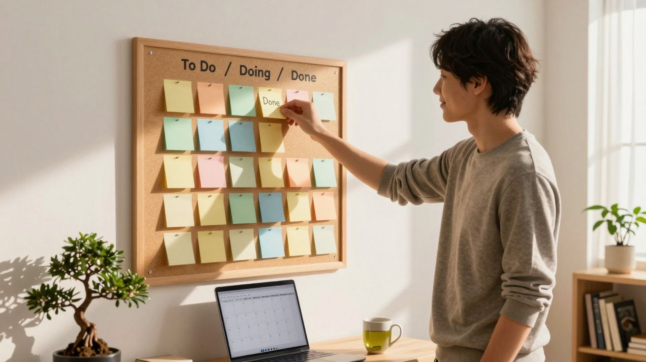 Pessoa organizando post-its coloridos em quadro de tarefas em ambiente de trabalho iluminado.