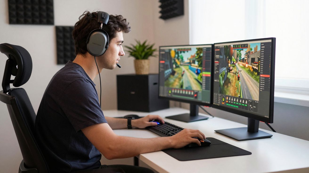 Jovem usando fone com microfone jogando videogame em computador com duas telas em mesa branca.