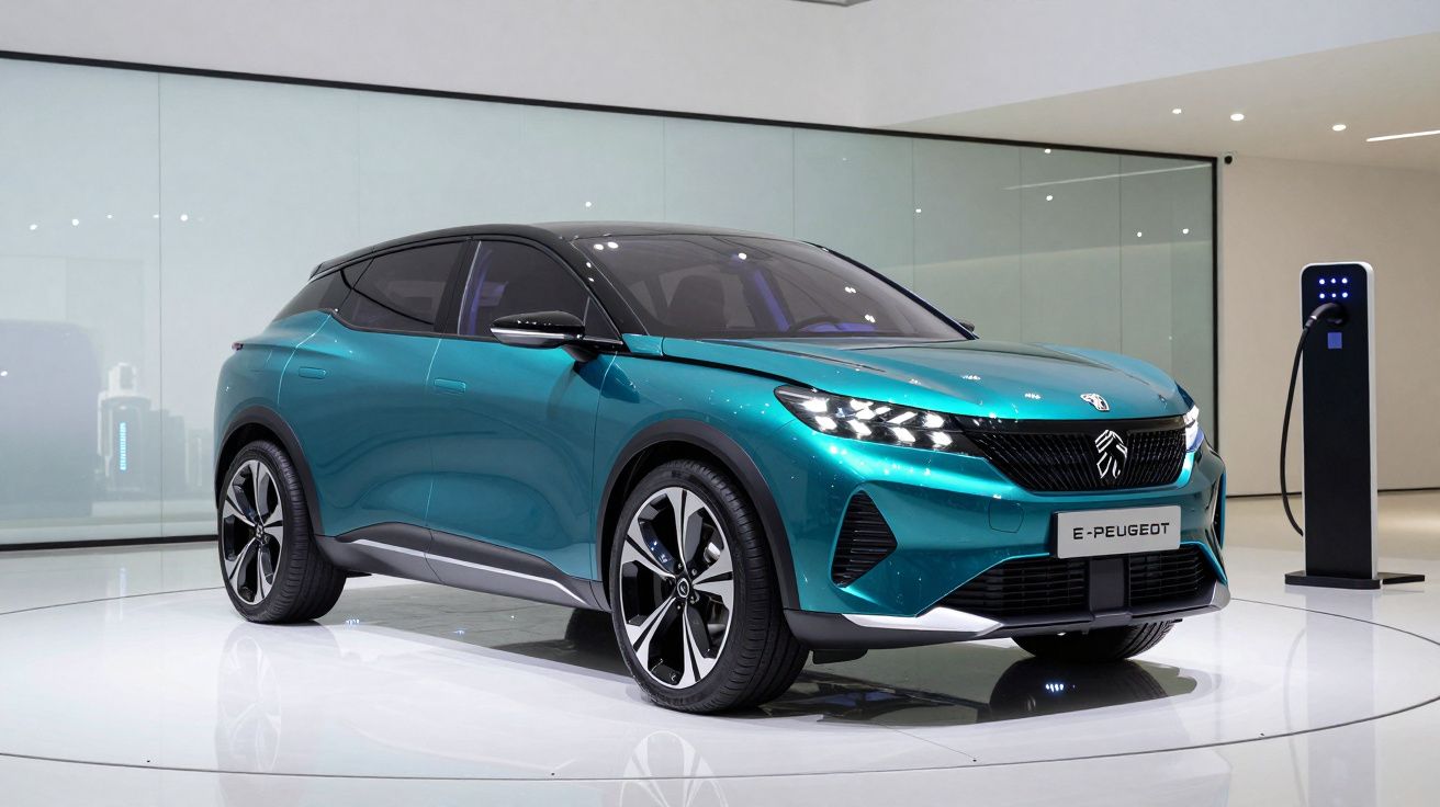 Carro elétrico azul metálico E-Peugeot estacionado em salão moderno, conectado a estação de recarga.