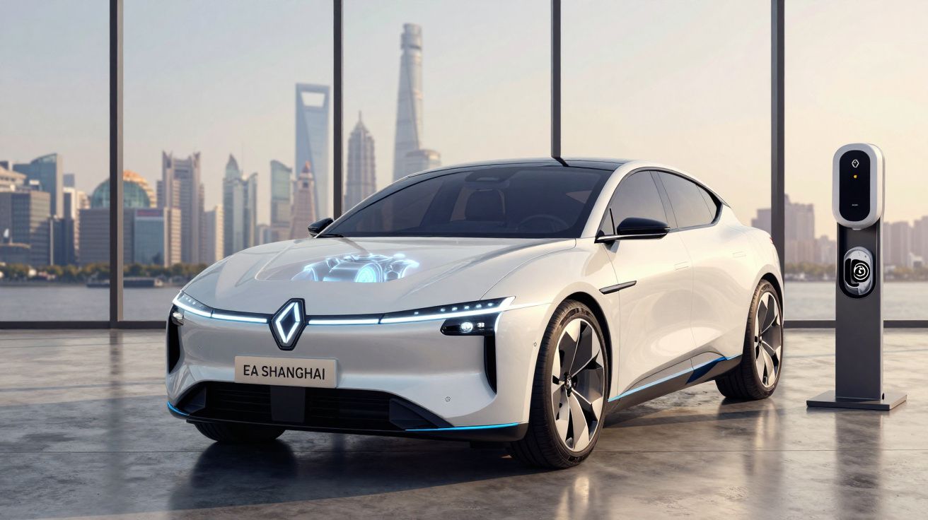 Carro elétrico branco estacionado à frente de prédio com vista urbana, carregando em estação de recarga.