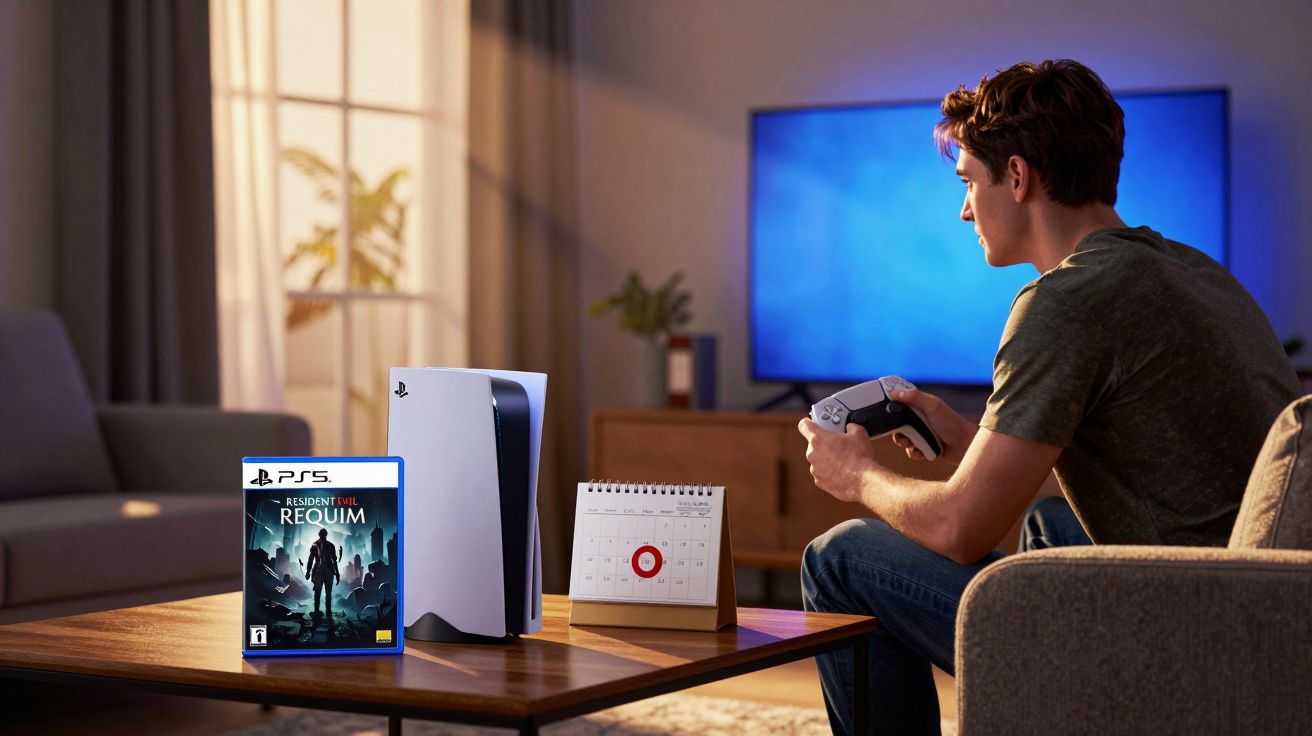 Homem jogando videogame em sala com console PlayStation 5, controle e jogo Resident Evil Requiem sobre a mesa.
