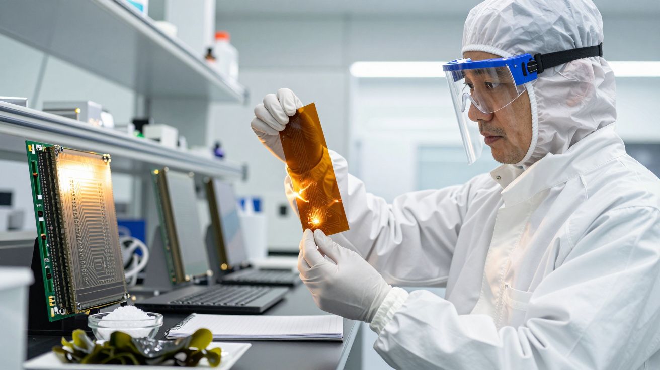 Cientista com roupa de proteção segura película fina em laboratório de tecnologia avançada.