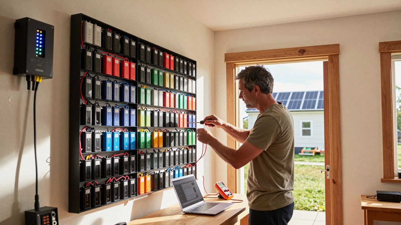 Homem verifica conexões em painel de baterias coloridas para energia solar em ambiente interno iluminado.