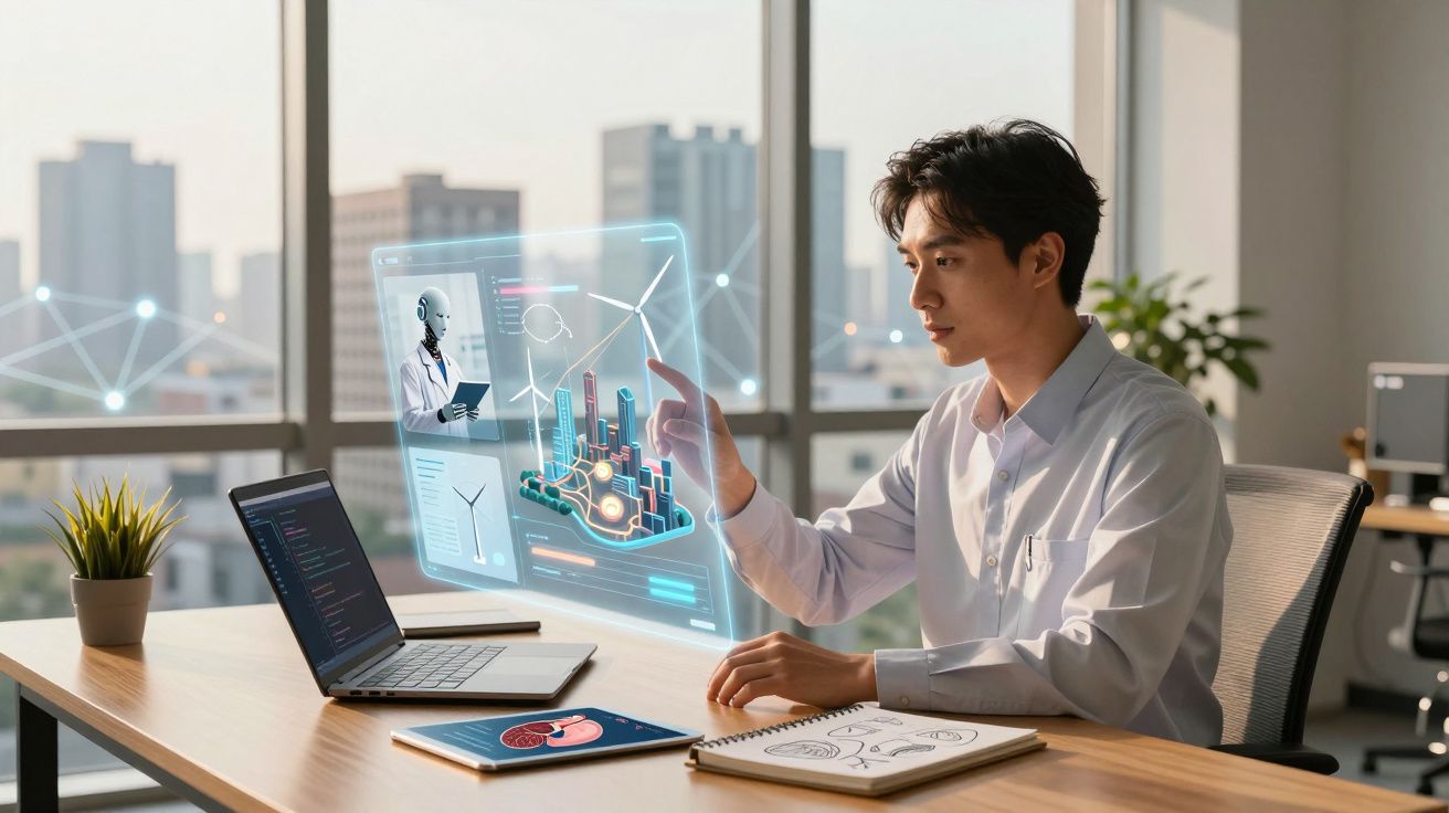 Homem interagindo com holograma tecnológico de cidade e inteligência artificial em escritório moderno.