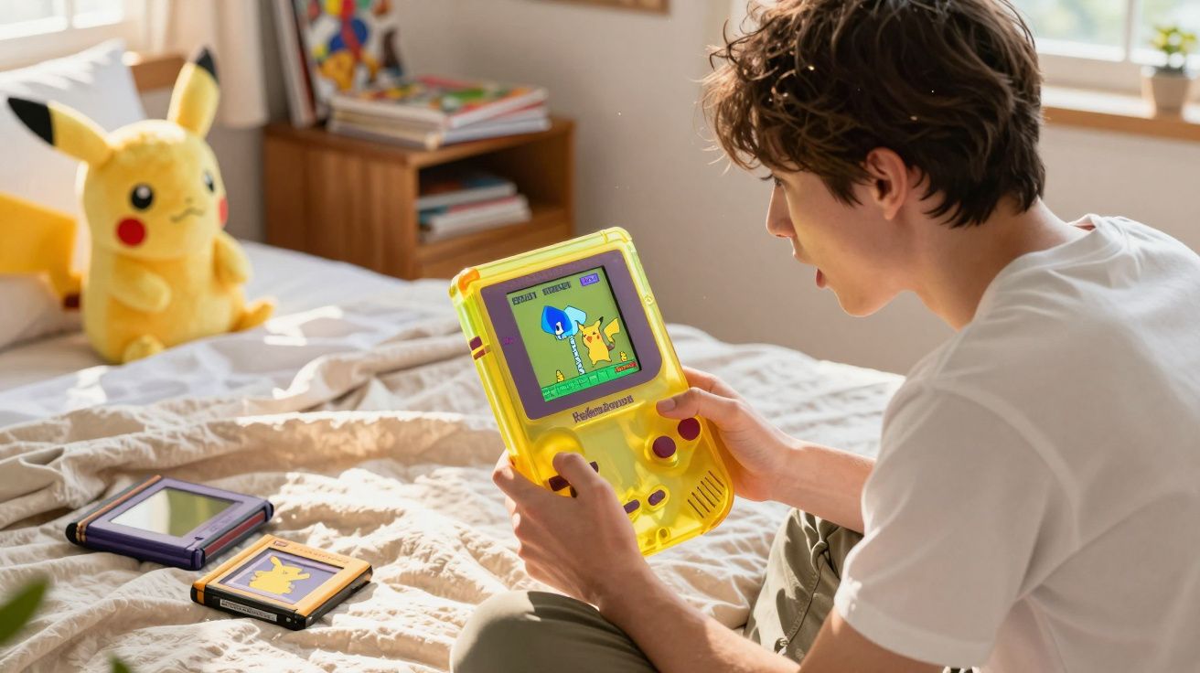 Jovem sentado na cama jogando videogame portátil amarelo com personagem Pikachu na tela.
