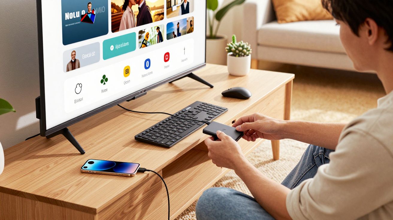 Pessoa usando dispositivo móvel conectado à TV para acessar conteúdo de entretenimento em sala aconchegante.