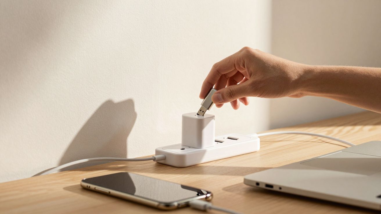 Mão conectando pen drive em adaptador USB ligado a régua de energia em mesa com celular e notebook.