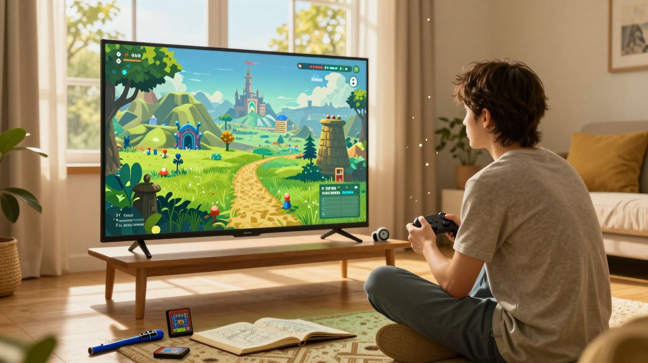 Criança sentada no chão jogando videogame em televisão com cenário colorido e aberto na sala iluminada.