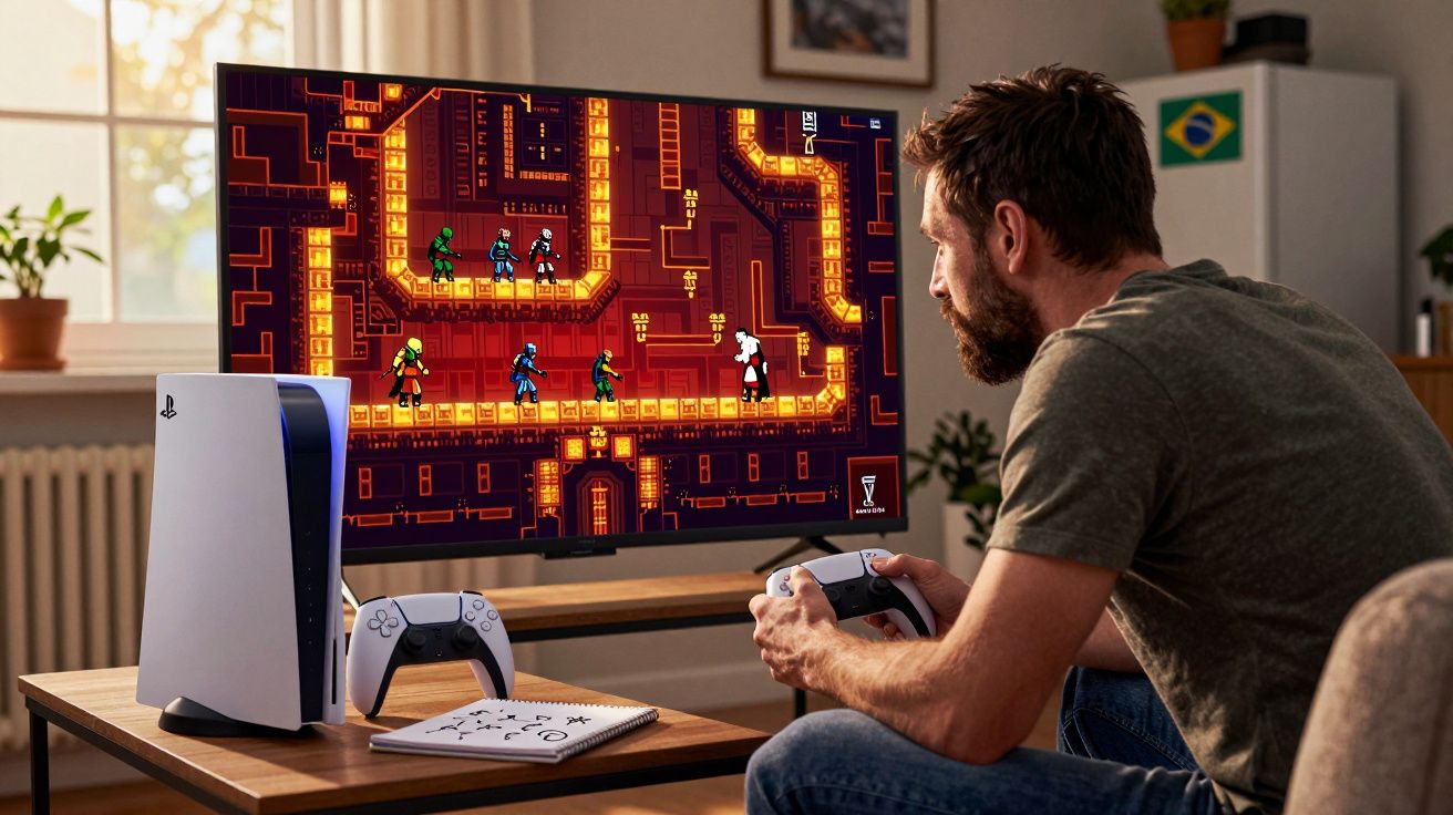 Homem jogando videogame em console PlayStation 5 com controle na mão, sentado em sala iluminada.