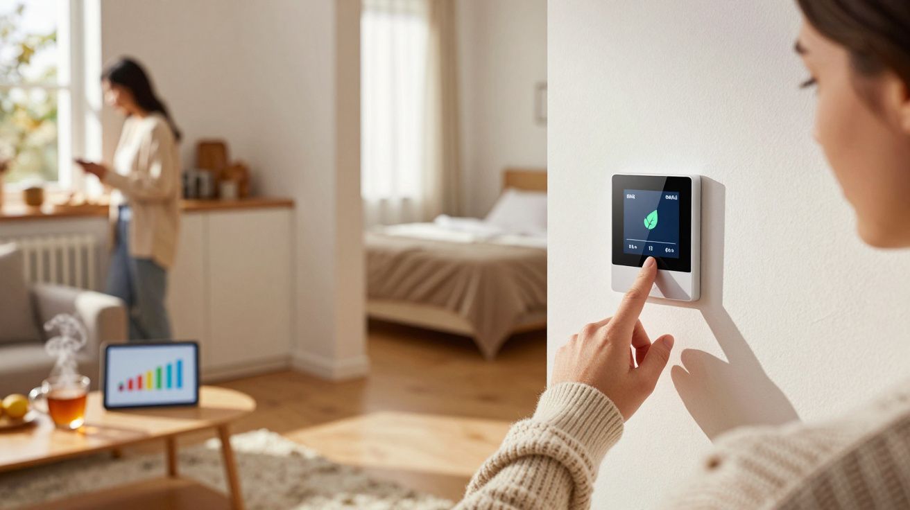 Pessoa ajustando termostato inteligente em parede de sala com outra pessoa ao fundo usando celular.