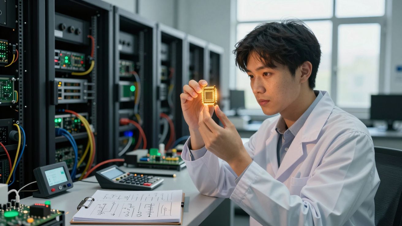 Jovem cientista em laboratório analisando um chip de computador com equipamentos eletrônicos ao fundo.