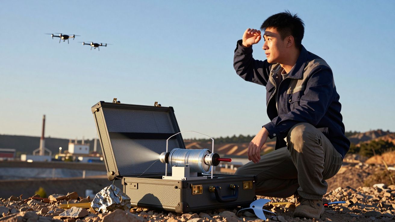 Homem agachado em terreno rochoso controla drones voando próximo a uma mala aberta com equipamento tecnológico.