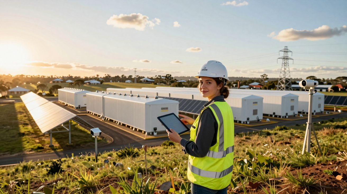 Engenheira com tablet e colete refletivo observa usina solar com painéis e containers ao pôr do sol.