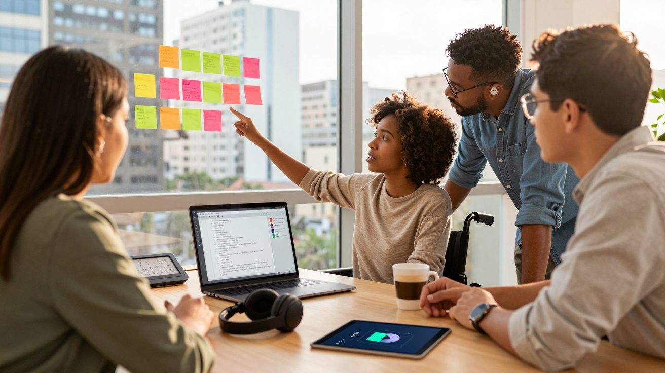 Equipe diversa em reunião de trabalho discutindo ideias com post-its coloridos em janela.