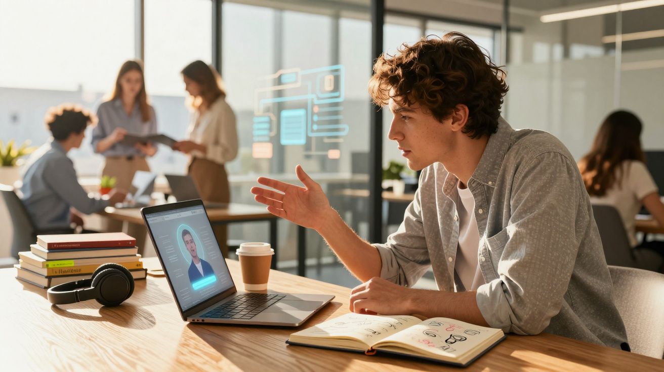 Jovem conversando por videoconferência em laptop, com caderno aberto e amigos trabalhando ao fundo.