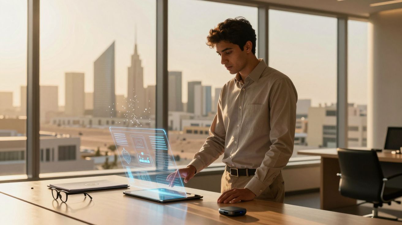 Jovem mexendo em tablet com projeção holográfica em escritório moderno com vista para a cidade ao pôr do sol.