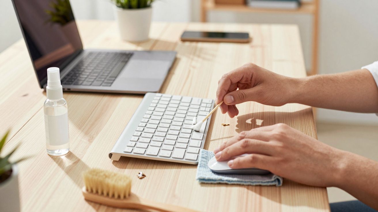 Mãos limpando teclado de computador com cotonete, mouse sobre pano e laptop ao fundo em mesa de madeira.