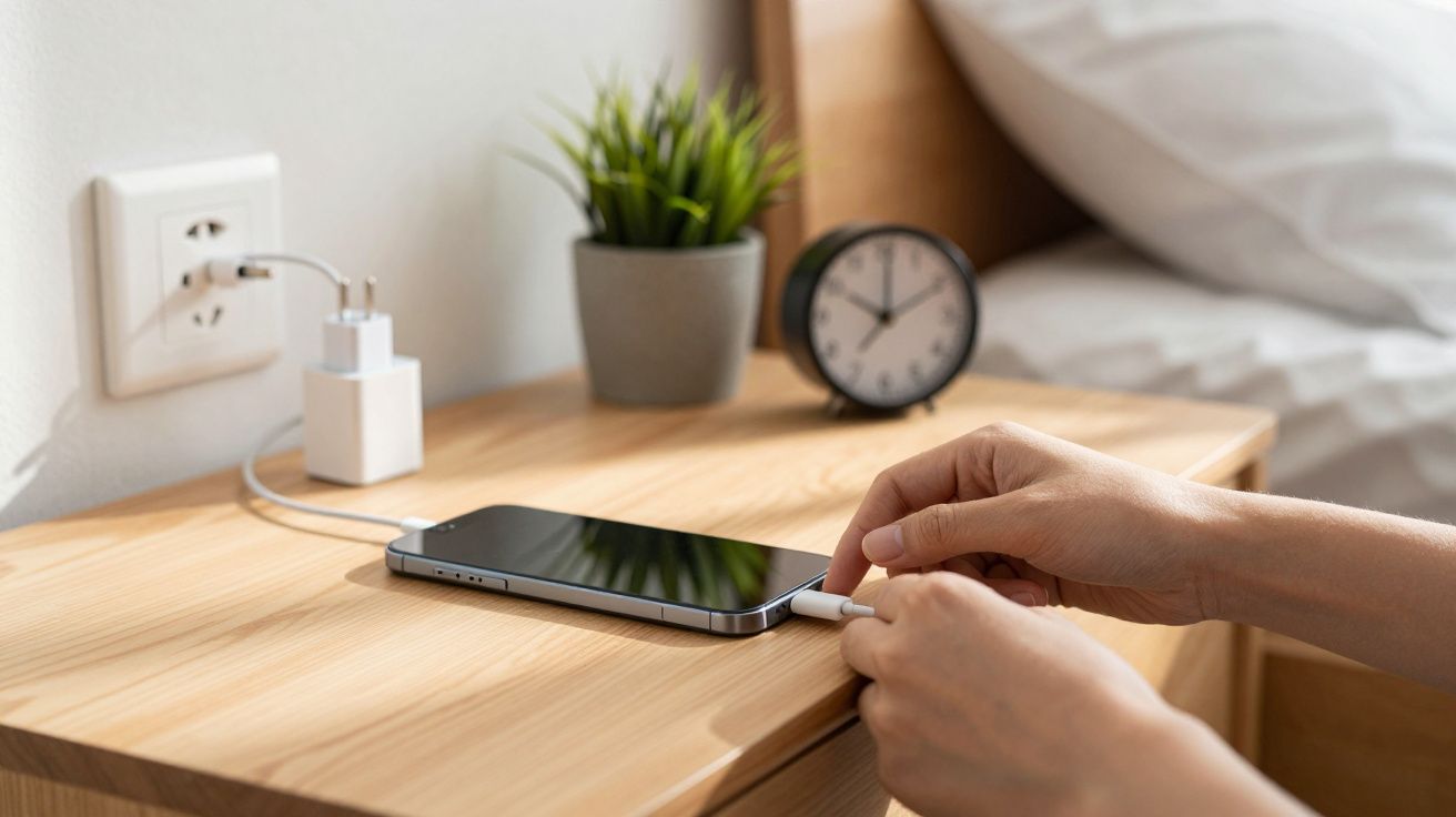 Pessoa conectando cabo para carregar celular em mesa de madeira ao lado de cama com relógio e planta.
