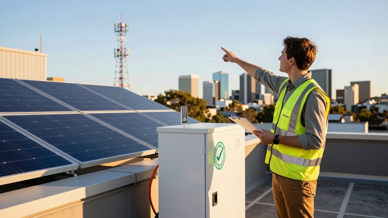 Homem com colete refletivo inspecciona painéis solares em telhado com cidade ao fundo.