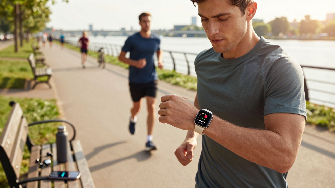 Homem correndo ao ar livre olhando para relógio inteligente durante exercício em parque à beira do rio.