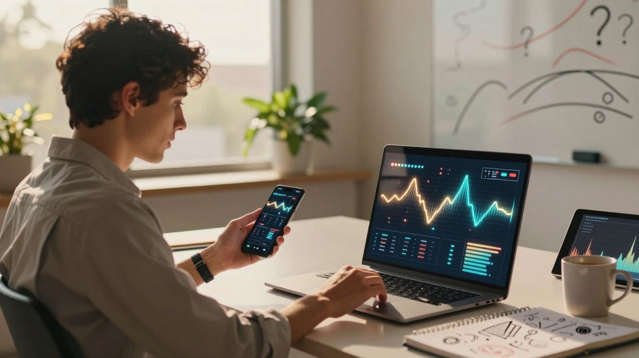 Jovem analisa gráficos financeiros em laptop e celular em escritório com luz natural.