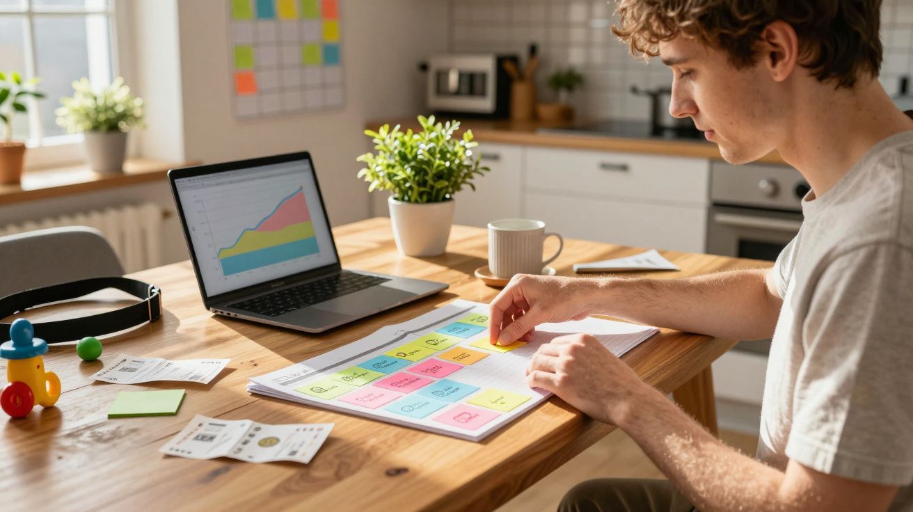 Homem sentado à mesa em cozinha organizando agenda com pós-its coloridos, laptop com gráfico aberto ao lado.