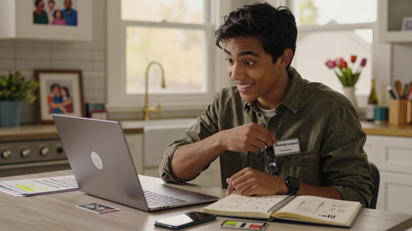 Jovem sorrindo enquanto mostra um crachá "Fellowship Approved" em videoconferência na cozinha.