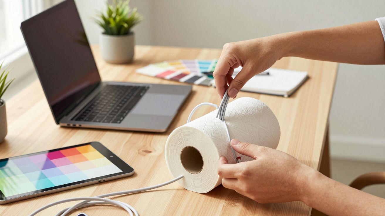Mãos manipulando rolos de papel toalha que envolvem cabos, com laptop e tablet em mesa de madeira.