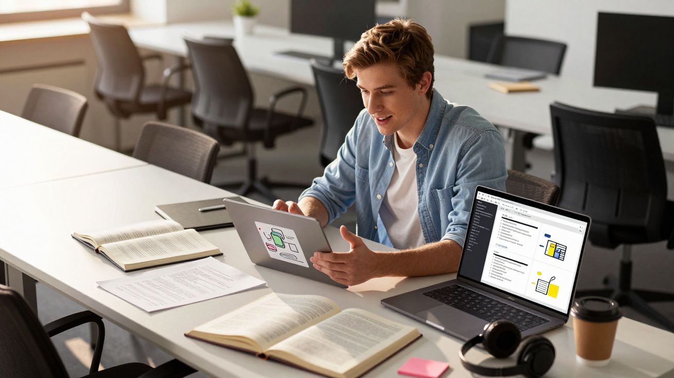 Jovem estudando com tablet, laptop, livros e fones em sala de aula moderna e iluminada.