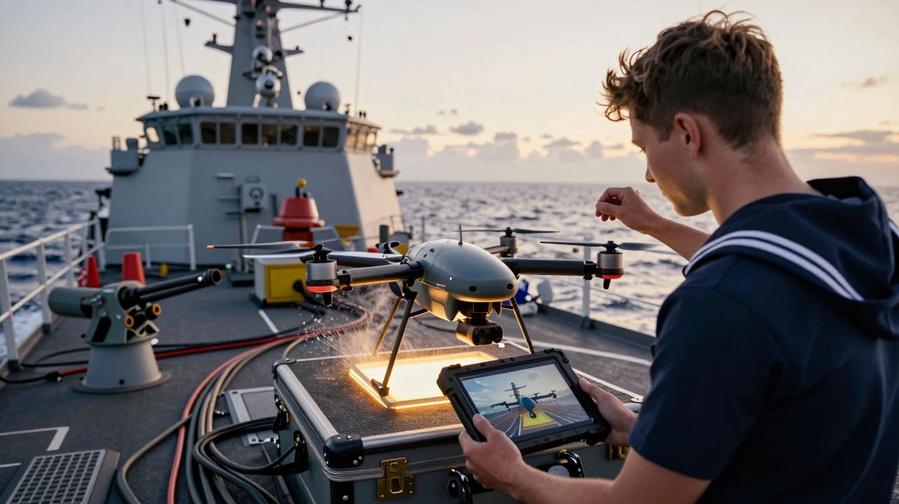 Homem controla drone sobre caixa iluminada no convés de navio ao pôr do sol.