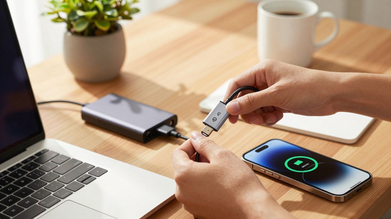 Mãos conectando cabo USB-C em dispositivo externo para carregar smartphone ao lado de laptop em mesa de madeira.