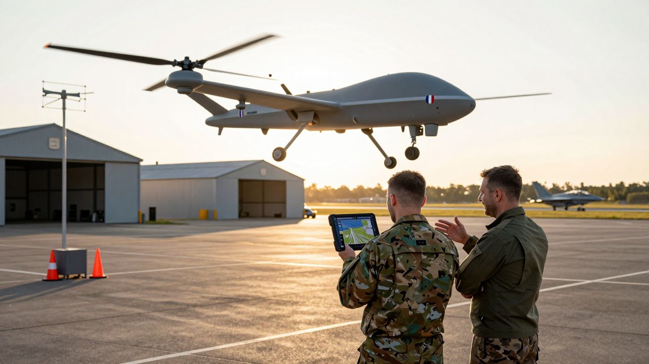 Dois militares operam drone militar em área de hangar ao pôr do sol.