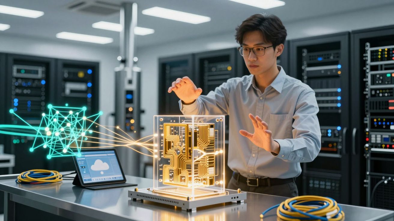 Homem em laboratório de tecnologia manipula projeção holográfica de circuito eletrônico futurista.