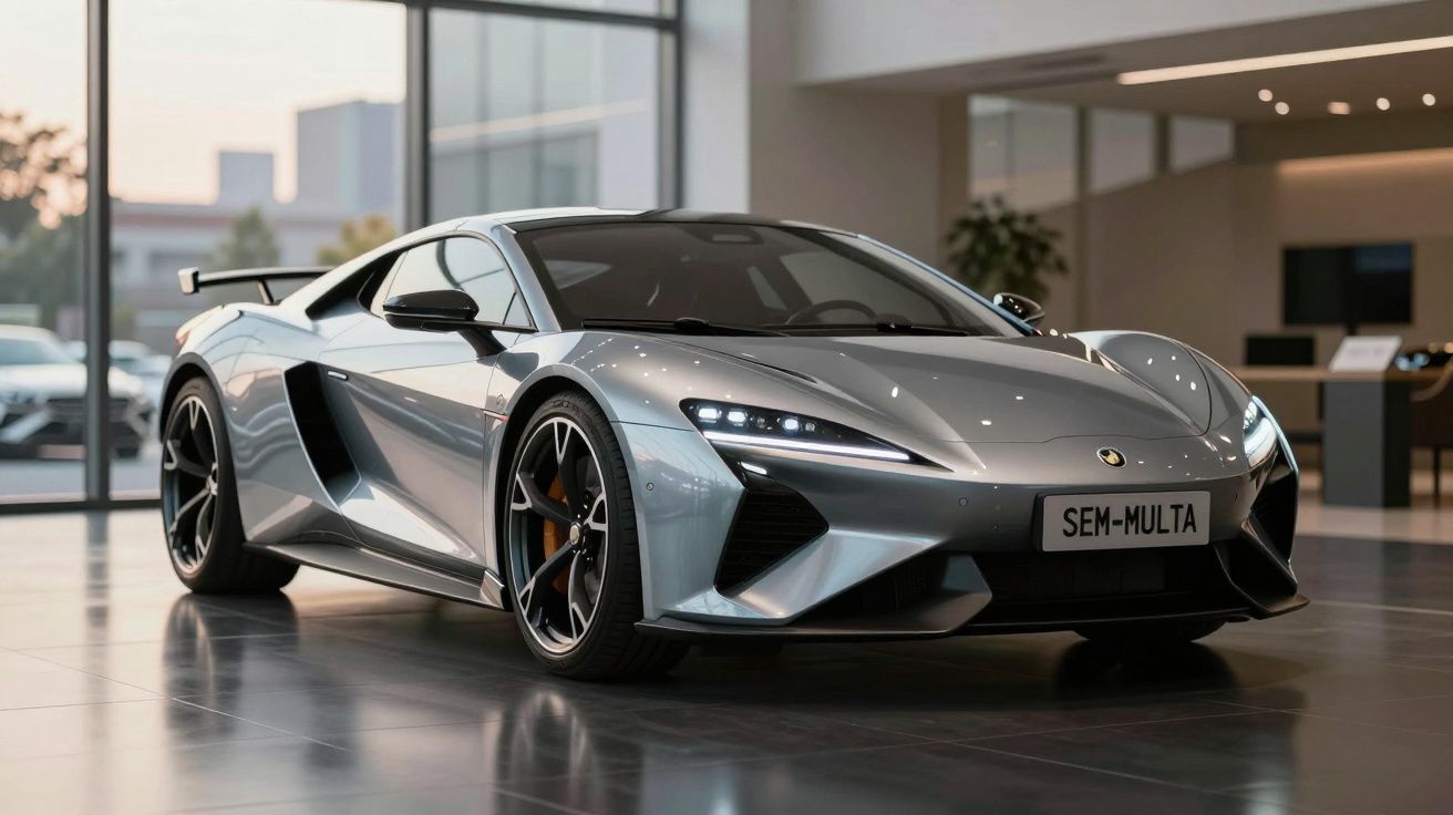 Carro esportivo prata estacionado dentro de showroom moderno com placa escrita SEM-MULTA.