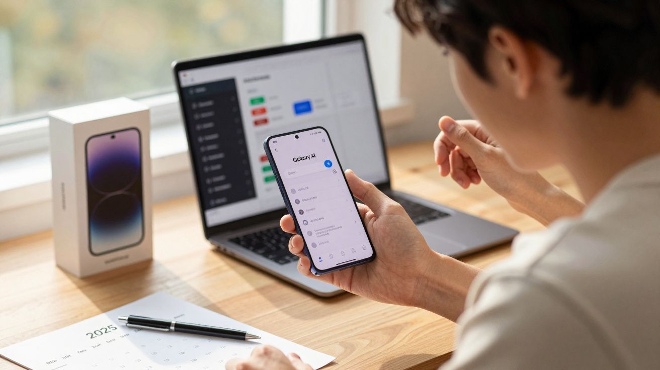Pessoa usando smartphone com aplicativo aberto, laptop e calendário numa mesa de madeira.