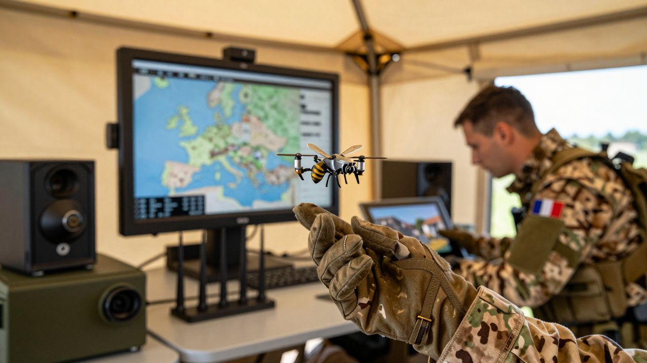 Soldado segurando drone em formato de abelha com monitor de mapa europeu ao fundo em tenda militar.
