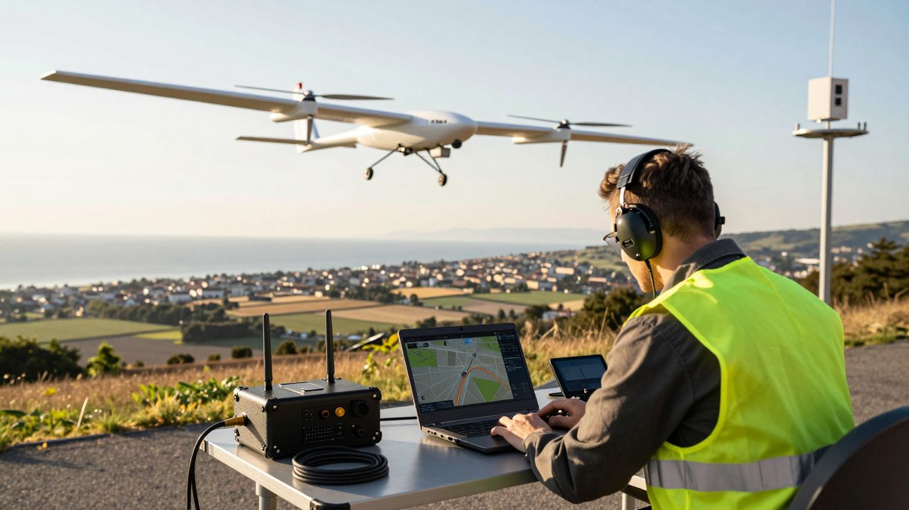 Homem com colete amarelo operando drone branco com laptop em área externa com vista para cidade e campo.