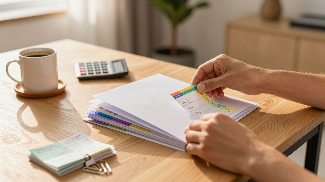 Pessoa organizando documentos com adesivos coloridos sobre mesa com café e calculadora.