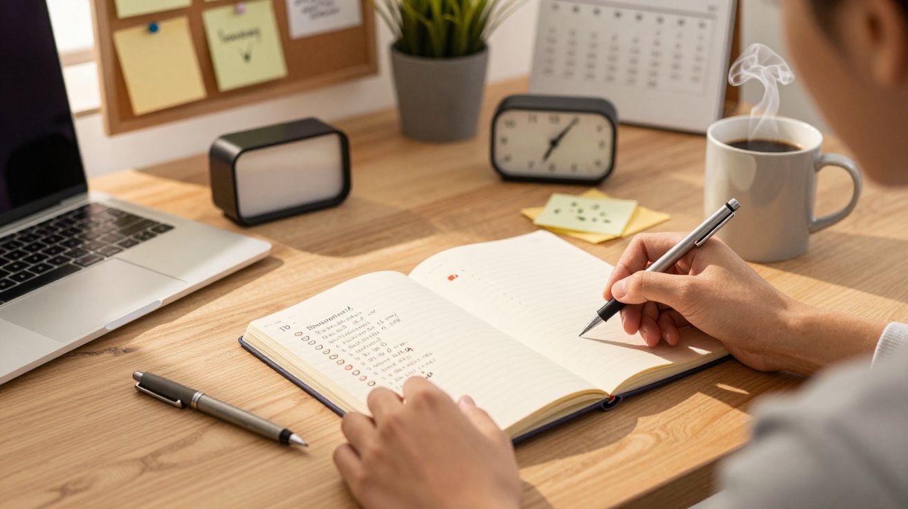 Pessoa escrevendo em caderno aberto em mesa com laptop, caneca de café, relógio e plantas ao fundo