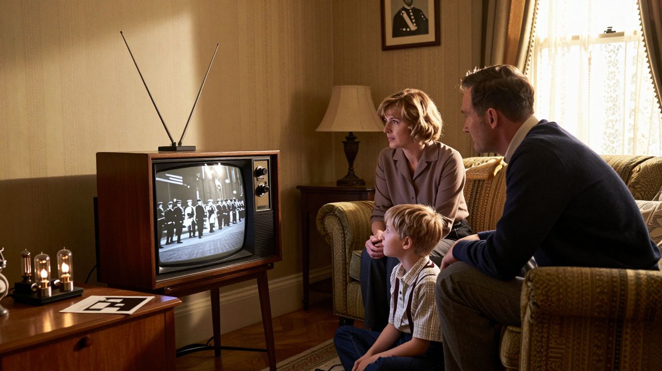 Família sentada no sofá assistindo televisão antiga em preto e branco em sala com decoração vintage.