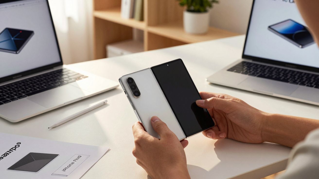 Pessoa segurando smartphone dobrável branco em mesa com dois notebooks e caneta.