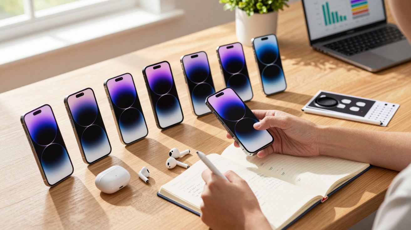 Mesa com oito smartphones alinhados, fones sem fio, uma mão segurando um celular e outra escrevendo em caderno.