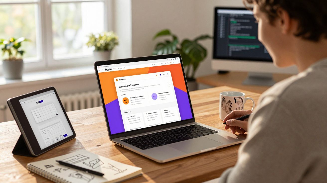 Pessoa usando laptop e tablet em mesa com caderno, caneta e caneca em ambiente iluminado.