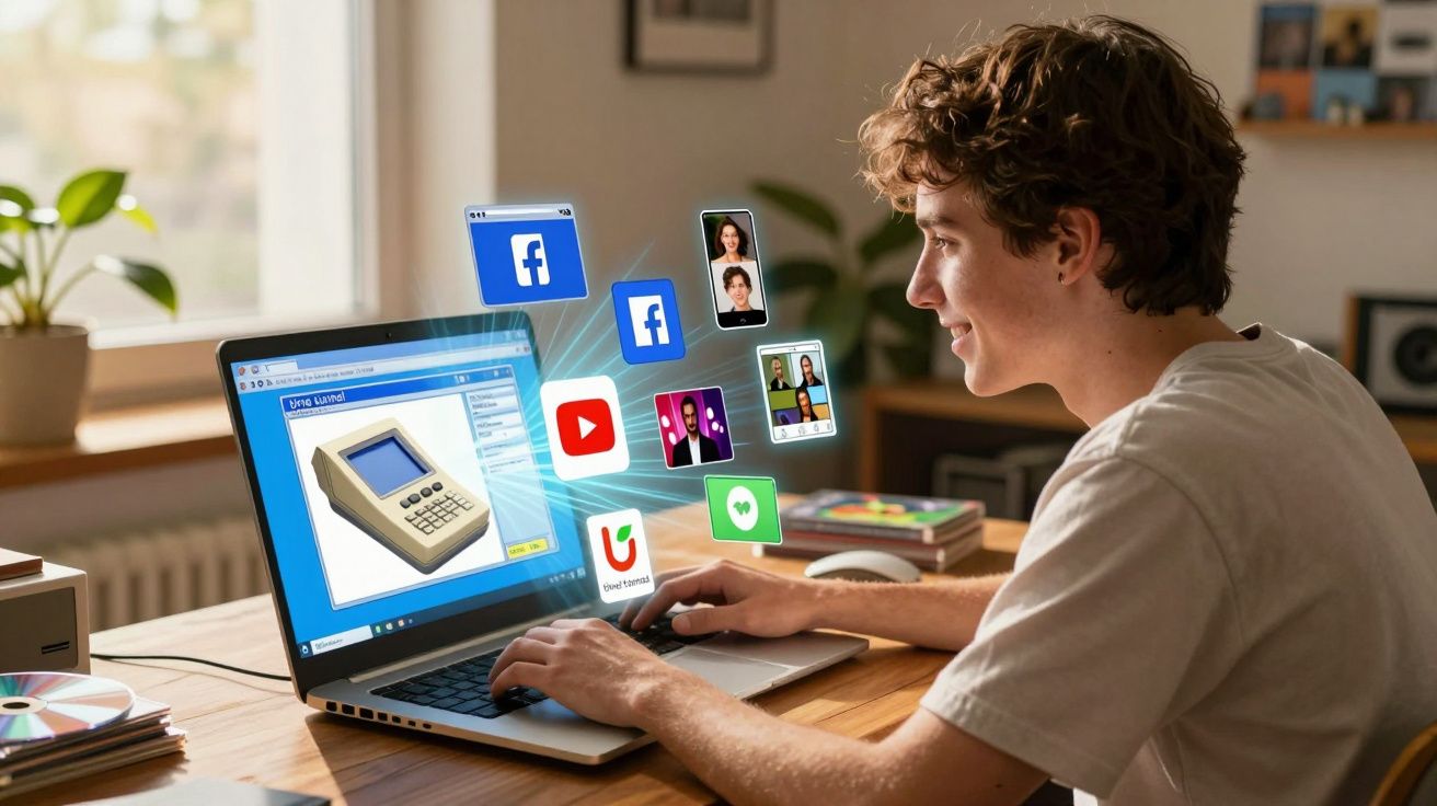 Jovem usando laptop com ícones flutuantes de redes sociais ao redor da tela em ambiente doméstico.