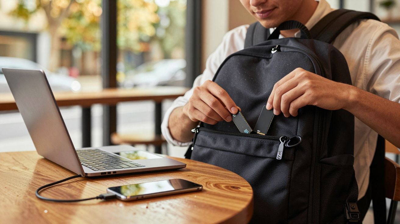Pessoa guardando pen drives em mochila preta ao lado de laptop e celular sobre mesa de madeira.