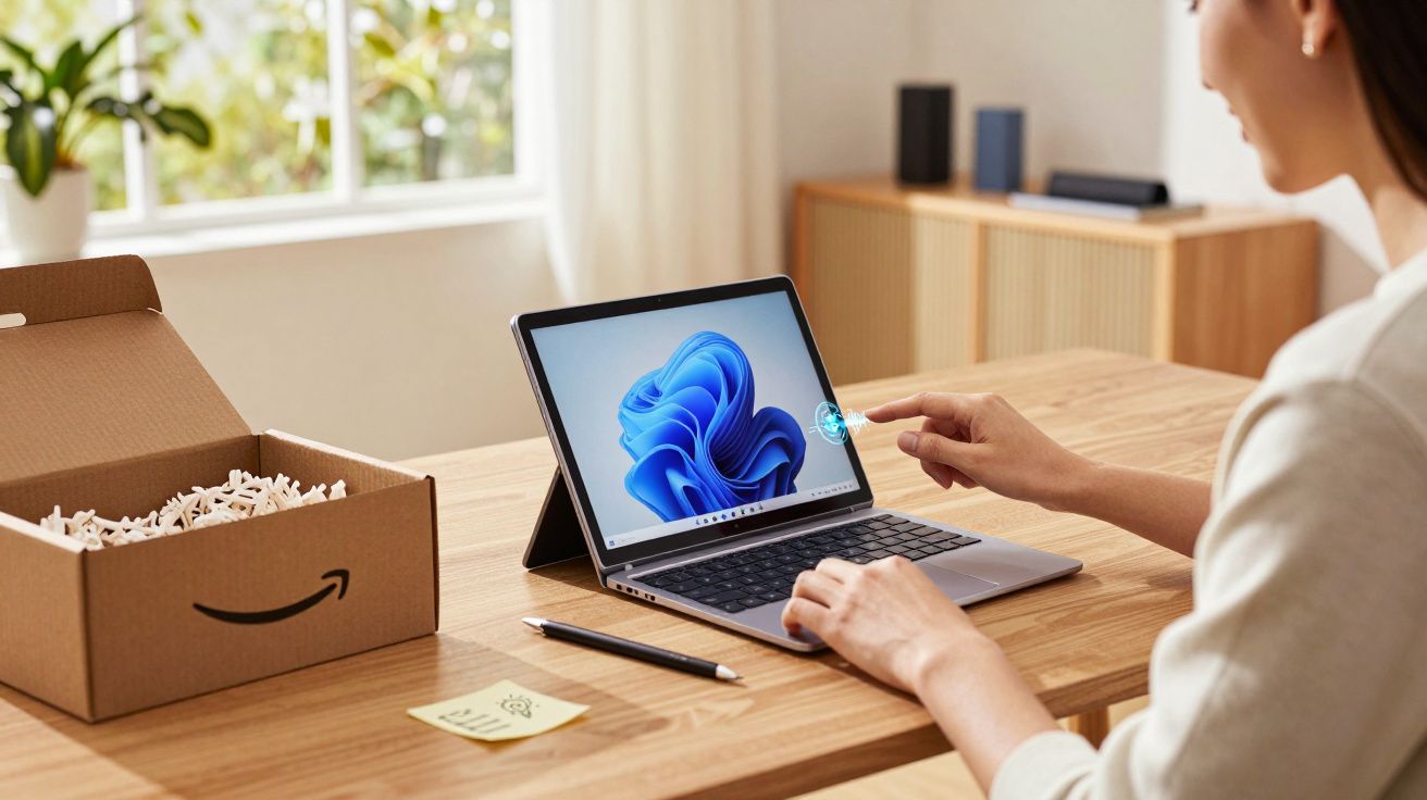 Pessoa usando tablet com teclado em mesa de madeira perto de caixa da Amazon em ambiente iluminado.